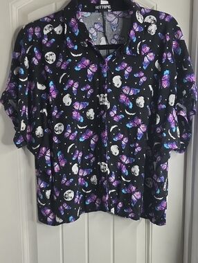 Hot Topic Black Shirt with Purple and Blue Butterfly & Moon Print